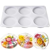 White silicone mold with six circular cavities. Below, three resin discs containing colorful preserved flowers, demonstrating the mold's use for creating floral resin art pieces.