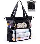 Elmklare 35L large Mesh Beach Tote Bag With Zipper for Women with 6 Pockets