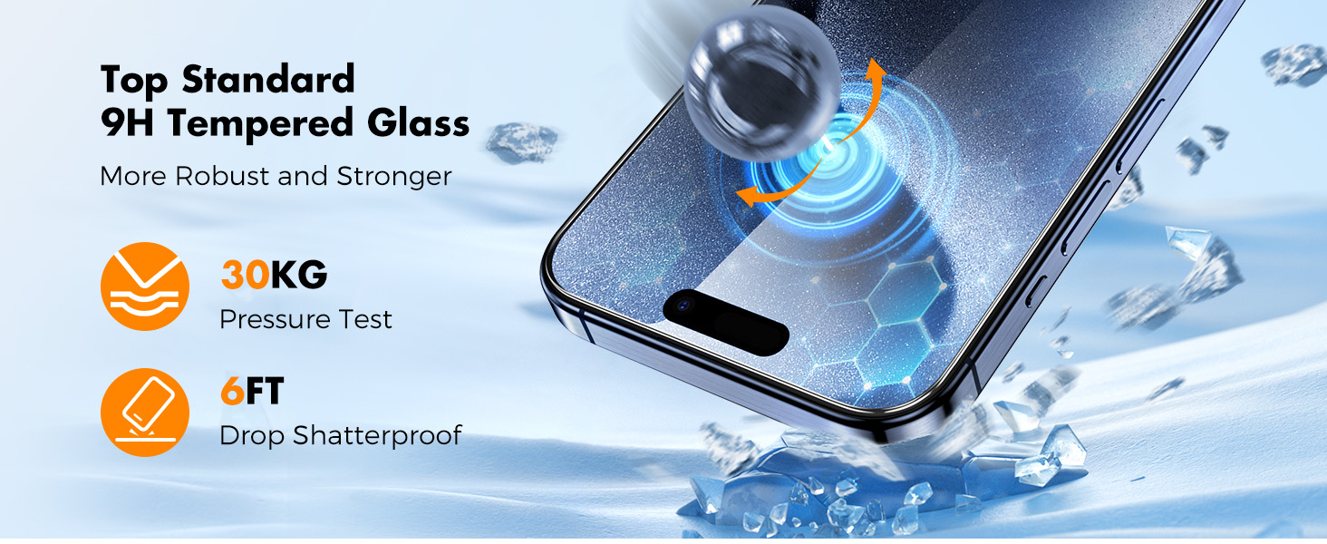 Phone screen protector advertisement showing water resistance, 9H tempered glass strength, and 30KG pressure test capability with blue background.