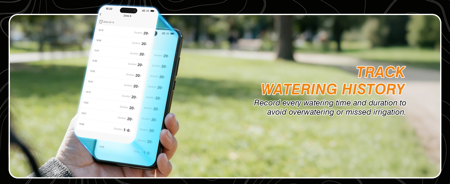 Smart hose timer detailed watering records track start time, duration and end time for each session