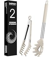 Spaghetti Spoon and Pasta Tong, Non-stick Silicone Spoon Server Fork with teeth and Stainless Ste...