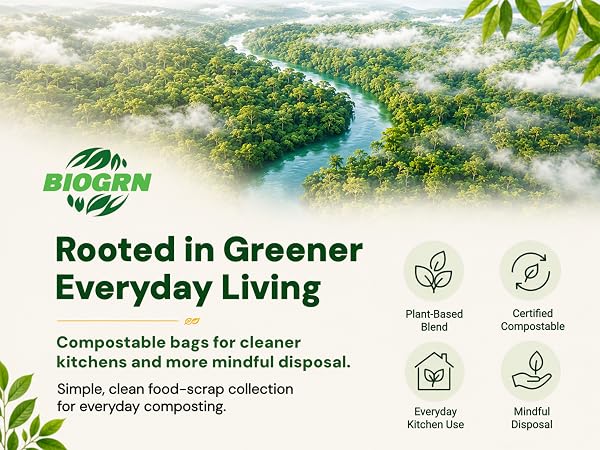 BIOGRN compostable bags brand message for greener everyday choices.