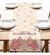 Croar Merry Christmas Tree Pink Dining Table Runner, Xmas Pine Trees Gold Snowflake Burlap Kitche...
