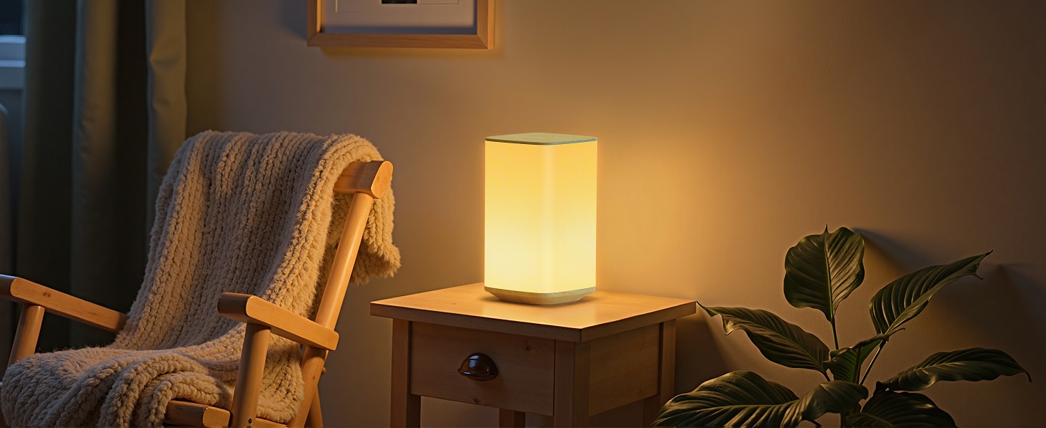 Dimmable nursery lamp casting gentle glare-free illumination in a cozy bedroom corner.