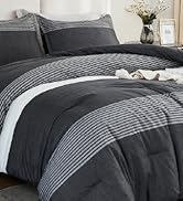 Litanika Queen Comforter Set Black White Grey - 3 Pieces Lightweight Summer Bedding Set, All Seas...