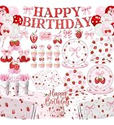 Strawberry Birthday Decorations - 197Pcs Pink Bow Theme Plates and Napkins Set Girls Strawberry S...