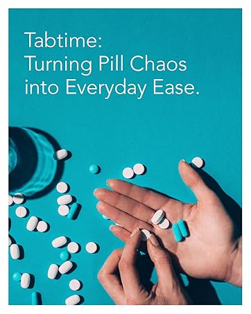 Hand sorting various pills on blue background. Text reads 'Tabtime: Turning Pill Chaos into Everyday Ease.'
