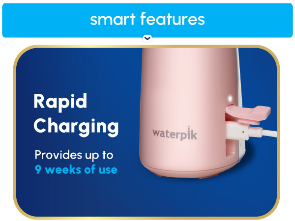 Image of charging cable in water flosser with text that says rapid charging