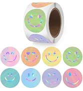 FYSUIMU Preppy Smile Stickers Roll Holographic Pastel Happy Face Stickers Positive Motivational W...