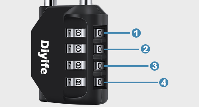 Black combination lock with 'Dyrfe' branding. Four numbered dials, each set to '18 0'. Blue arrows pointing to individual dials.
