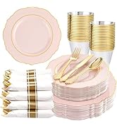 Liacere 175PCS Pink Plates Disposable - Pink and Gold Plates 25guest Baroque Plastic Dinnerware i...