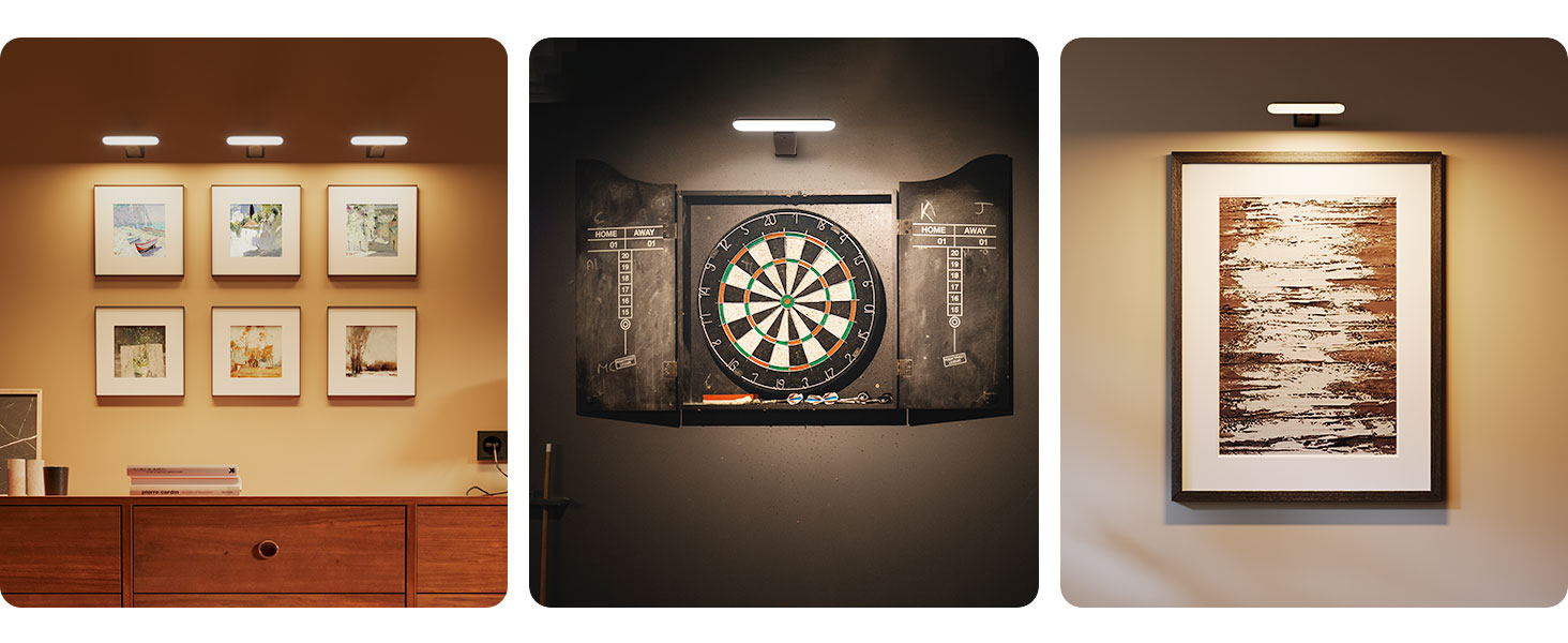 Series of interior shots showing wall-mounted artwork and lighting in what appears to be a commercial or office space with beige walls and track lighting.
