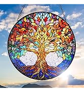 Double Sided Tree of Life Stained Glass Window Hanging, 7.9” Sun Catcher Panel, Green Plant Wall ...