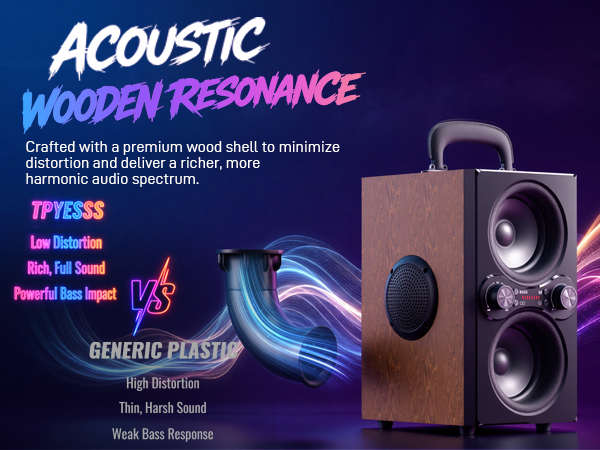 A wood-grain speaker and reflex pipe amidst vibrant, flowing neon light streaks.