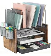 AUPSEN Desk Organizer Shelf, 4-Tier Mesh Wood Desktop Bookshelf File Organizer with 5 Vertical Fi...