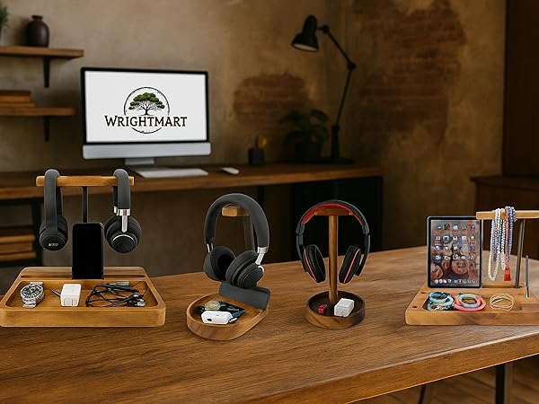 Soporte de auriculares wood dual headset accessory stand holder desk organizer storage tray hanger