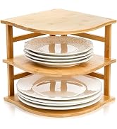Goaste 3-Tier Bamboo Corner Shelf, Kitchen Countertop Storage Organizer, Cabinet Plate Rack for P...