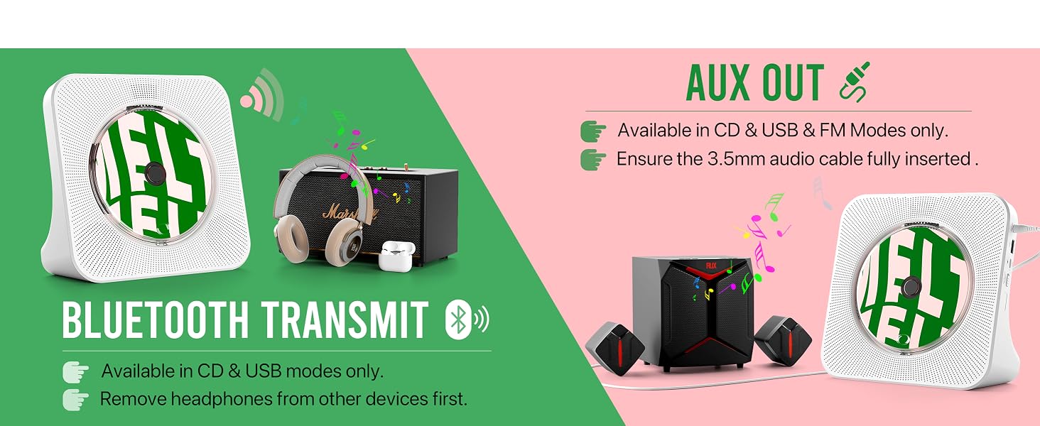 CD player with Bluetooth transmitter connecting to wireless headphones and AUX output to speakers