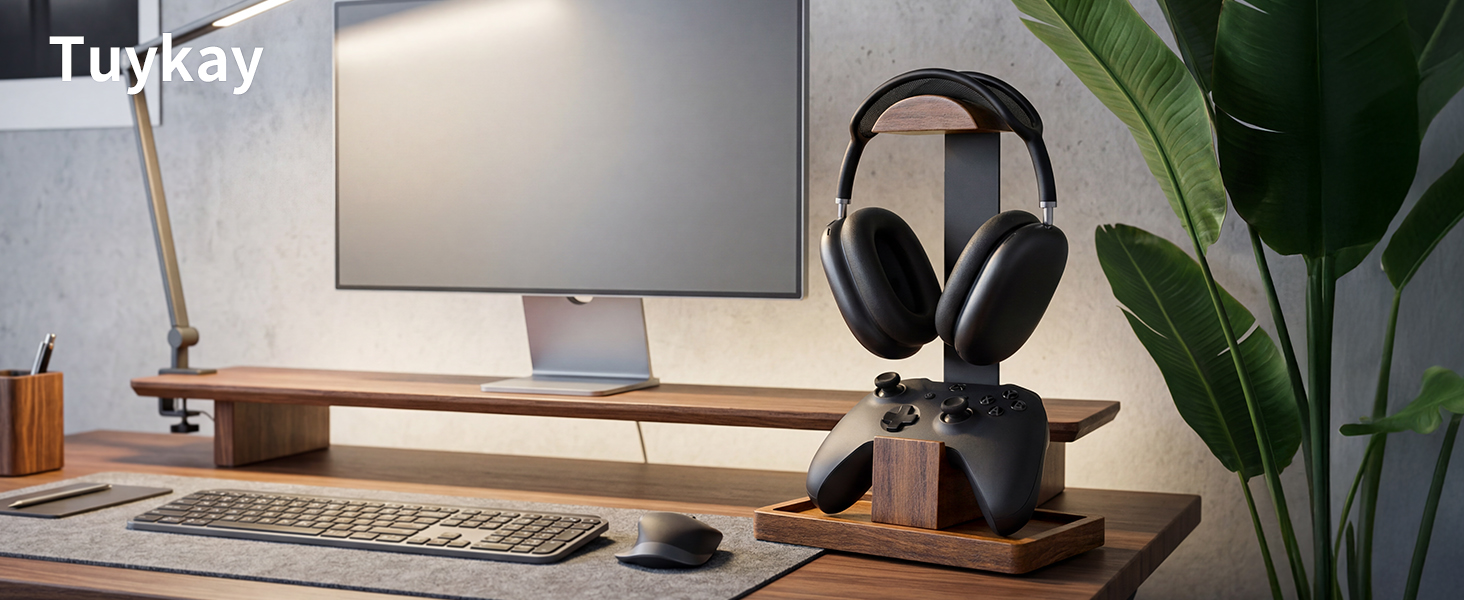 Solid Walnut Wood Headphone Stand with Controller Holder|2-in-1 Gaming Desk Organizer|for PS5