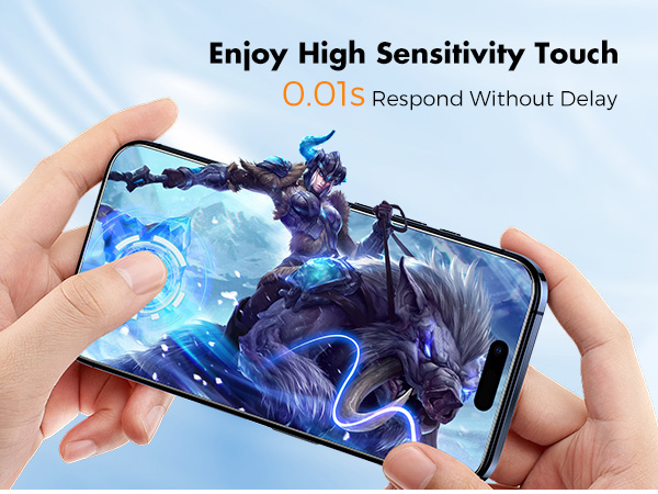 Smartphone displaying a fantasy game scene with a dragon. Text highlights high sensitivity touch with 0.01s response time.