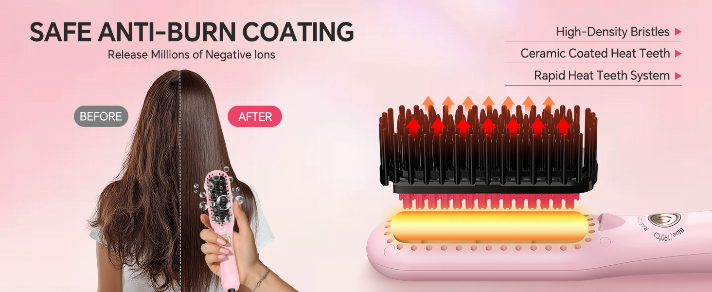 Text reads 'SAFE ANTI-BURN COATING'. Pink-tinted product demonstration image showing hair styling tool with protective coating feature highlighted.