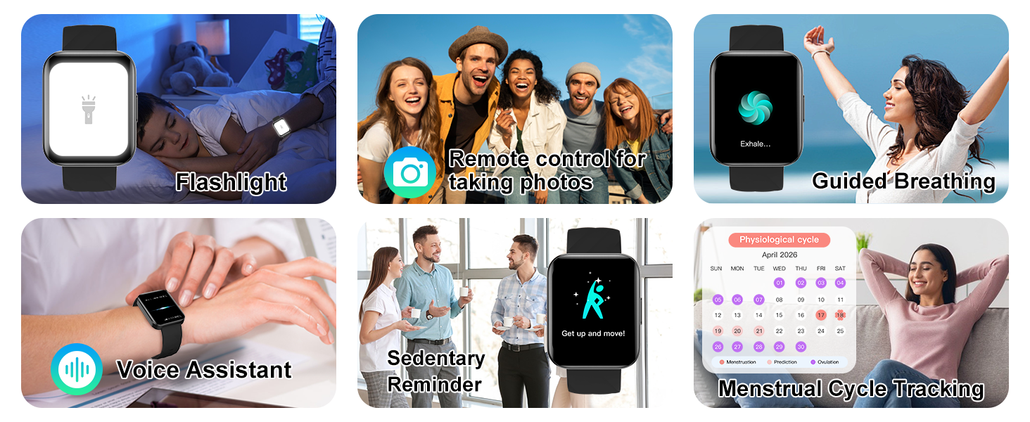 Track period, guided breathing, flashlight, camera remote, voice assistant & sedentary alerts.