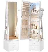 HOOBRO 360° Rotating Jewelry Cabinet with Lights, Standing Jewelry Armoire with 2 Drawers, LED Li...