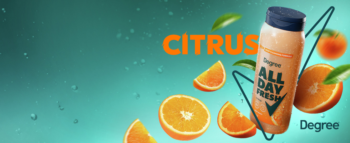 An orange Degree Body Wash bottle surrounded by orange slices with the text citrus in orange