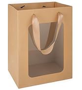 MOXARYSU 3 Pcs Brown Gift Bags with Clear Window: 9.8x5.1x7.1 Inch Medium Kraft Paper Bags with H...