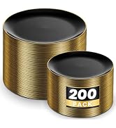 KIRE 200Pcs Black Plastic Plates - Black Plates Disposable for Party - Include 100 for Dinner and...