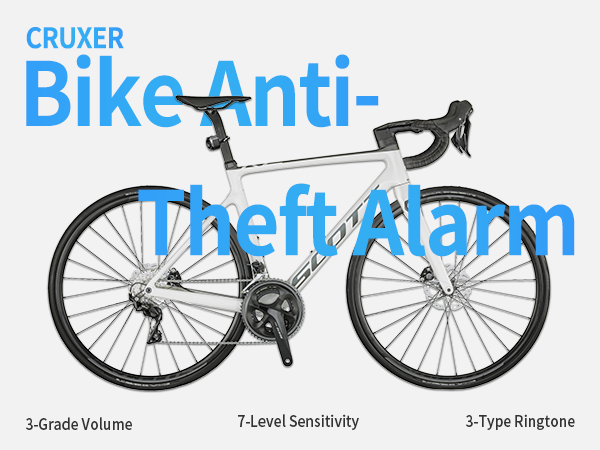 Text reads 'CRUXER Bike Anti-theft Alarm'. Marketing display of three bicycles with text indicators for 3-Grade Volume, 7-Level Sensitivity, and 3-Type Ringtone.