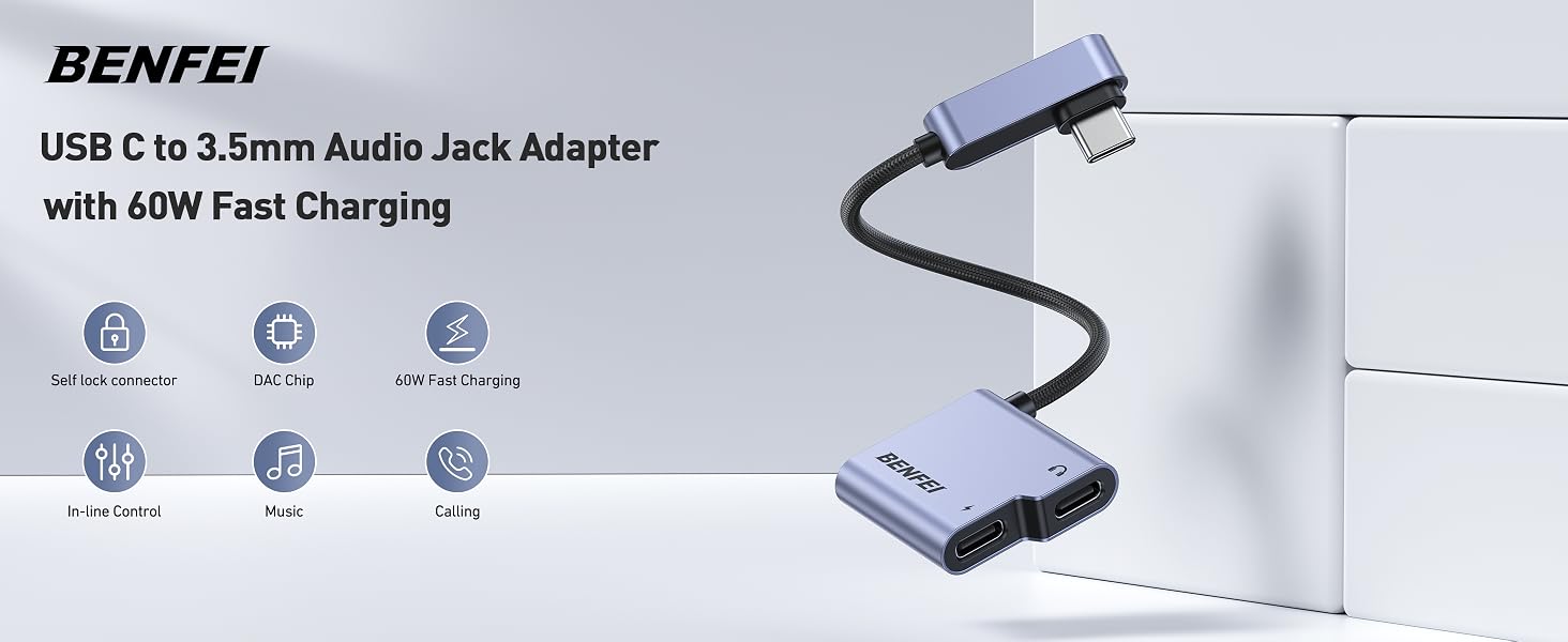 BENFEI USB C Splitter 1 in 2 Out Dual USB C Audio Jack Adapter with 60W Fast Charging