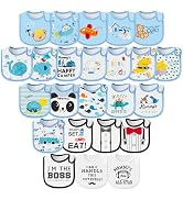 2ooya Cotton Waterproof Baby Bibs - 24Pcs Blue Adjustable Hook Loop Closure Infant Bib Newborn Ba...