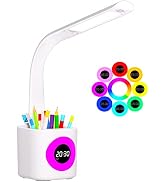 YOUKOYI LED Desk Lamp with Clock, Kids Desk Lamp, 10W Dimmable Study Lamp with Pen Holder, 4 Ligh...