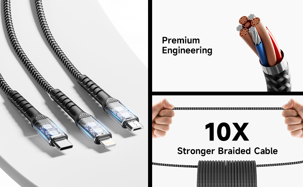 Text reads '10X Stronger Braided Cable'. Product demonstration of black braided cables being pulled or tested for strength.