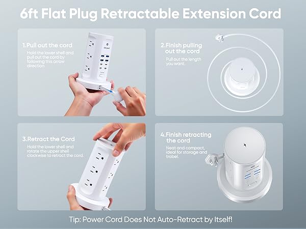 6ft Flat Plug Retractable Extension Cord