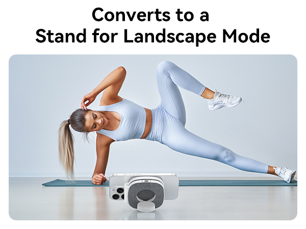 Text reads 'Stand for Landscape Mode' and 'Converts to a'. Demonstration images showing fitness positions using an exercise support device.