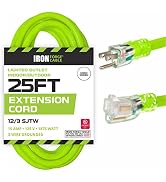 Iron Forge Cable Weatherproof 25 Ft Outdoor Extension Cord Neon Green - 12/3 SJTW 15 Amp Heavy Du...