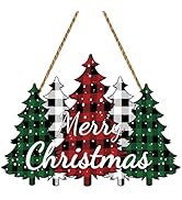 YUNKKIN Christmas Wall Decor Merry Christmas Sign Buffalo Plaid Tree Door Decorations Wooden Fron...