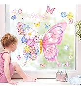 Supzone Pink Flower Butterfly Window Clings Valentine's Day Spring Window Decals Anti-Collision G...
