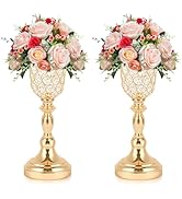 Kehail 2pcs Elegant Crystal Trumpet Metal Centerpiece Vases, Wedding Table Decoration Flower Stan...