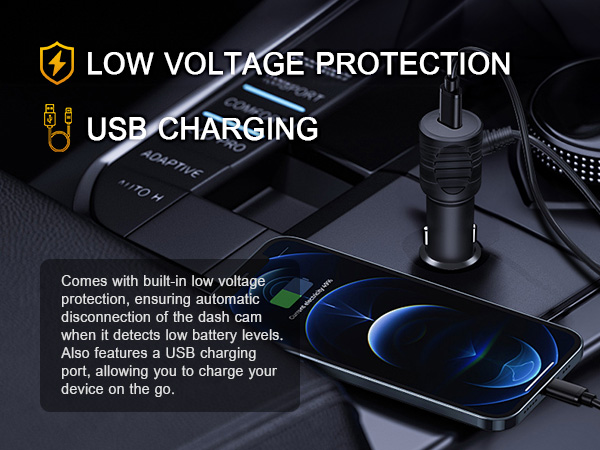 Dashboard camera interface showing low voltage protection and USB charging features, with car charger and device charging demonstration.