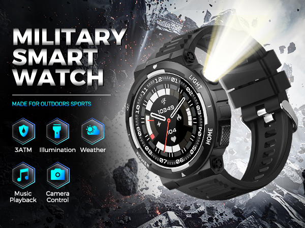 Military Smart Watch for Men Flashlight Tactical Smartwatch Fitness Watch 3ATM Waterproof