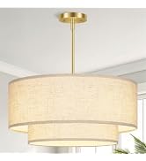 20" Large Modern Drum Chandelier, 2-Layer Linen Fabric Shade Pendant Light | Brushed Gold Finish ...