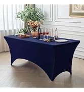 FOLINS&HOME Navy Blue 4ft Fitted Rectangle Tablecloth with Elastic, Water Resistant Washable Span...