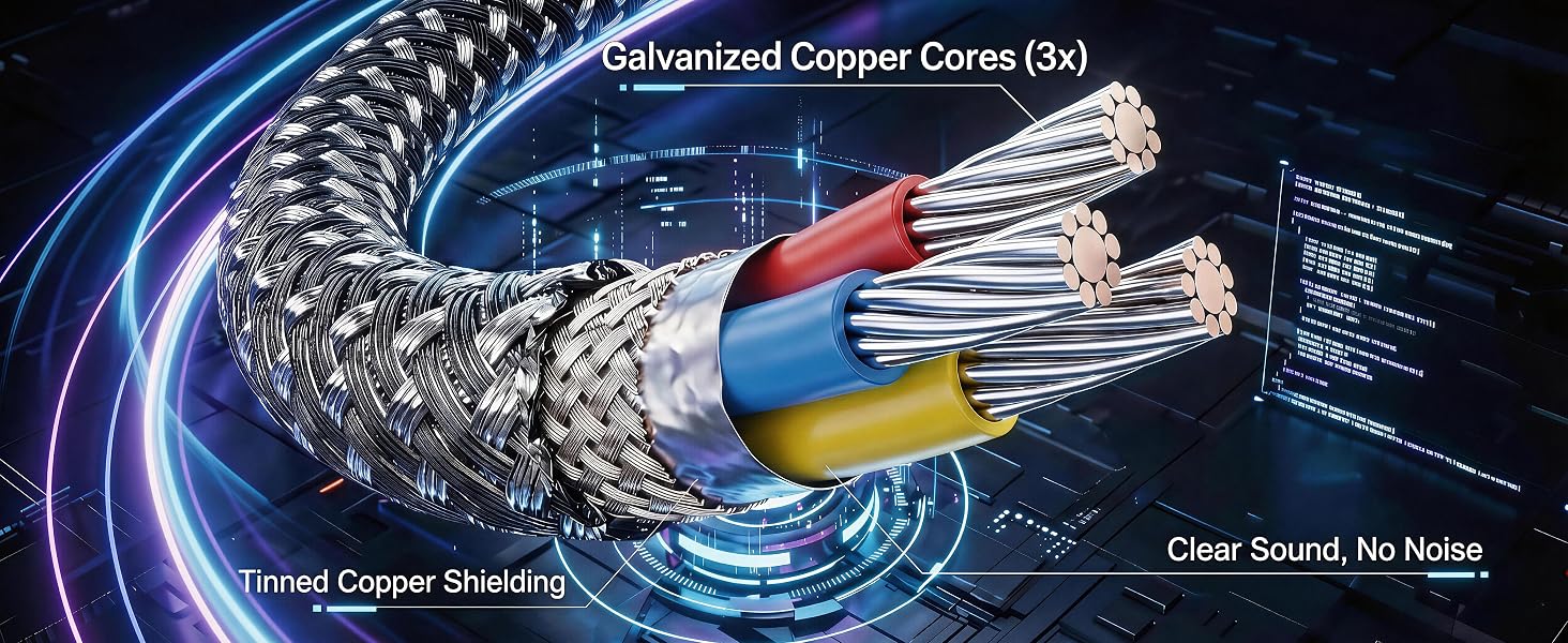 Internal structure of aux cord showing copper cores and braided shielding.