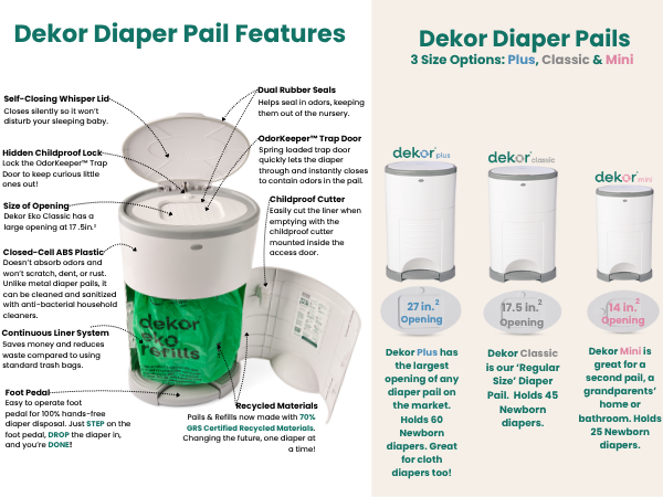dekor eko diaper pail features and sizes