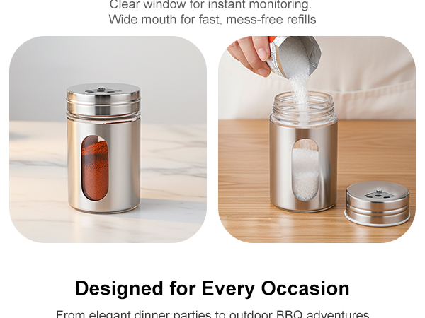 Clear window spice jar with wide mouth for easy refill and monitoring of seasoning levels.