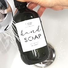 Square Waterproof hand soap label tested under water
