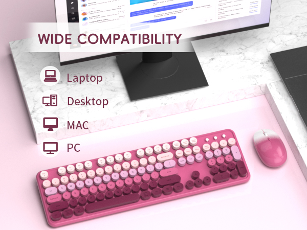 Wireless Keyboard Mouse Combo 2.4Ghz Cute Colorful 104 Keys Full Size Retro Typewriter